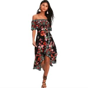 Lulus Danica Black Floral Print Smocked High-Low Off Shoulder Maxi Dress Small